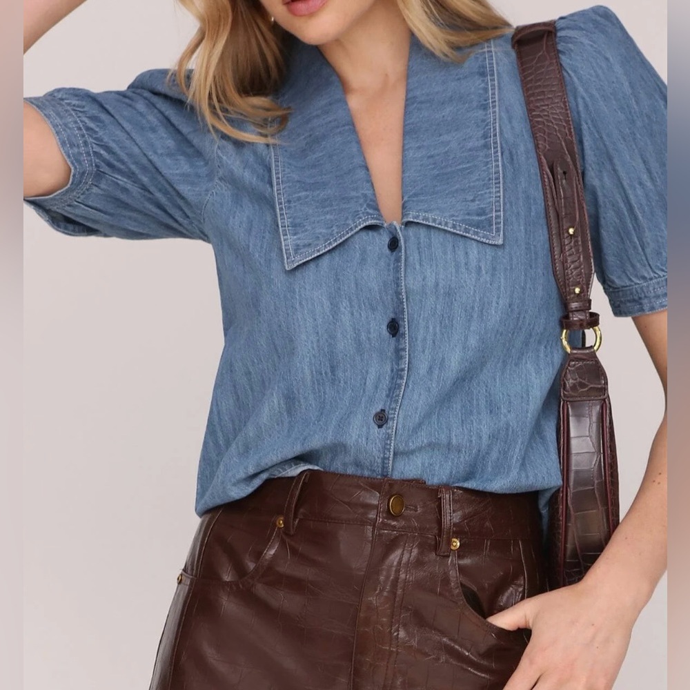 Avec Les Filles Denim puff sleeve top